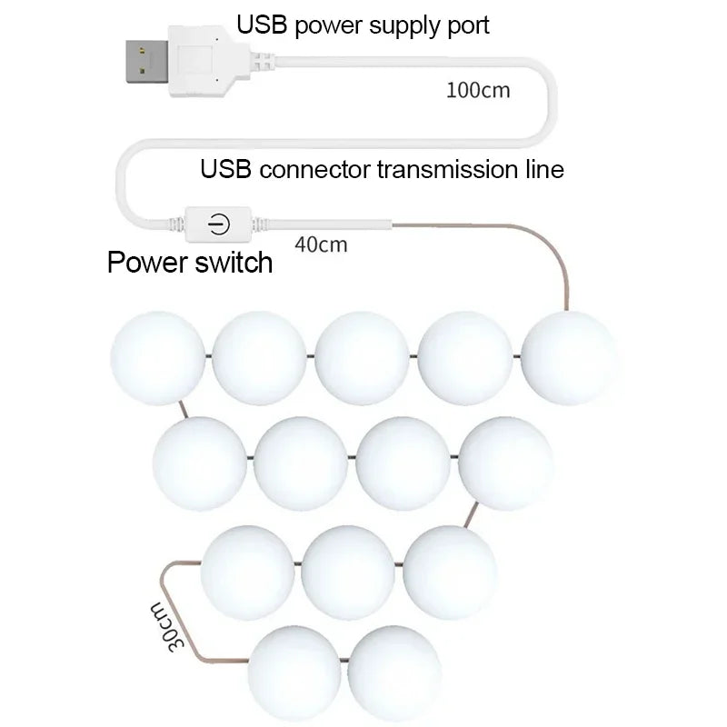 Dimmable 10 LED Vanity Light With USB Adhesive Strip For Makeup Mirror