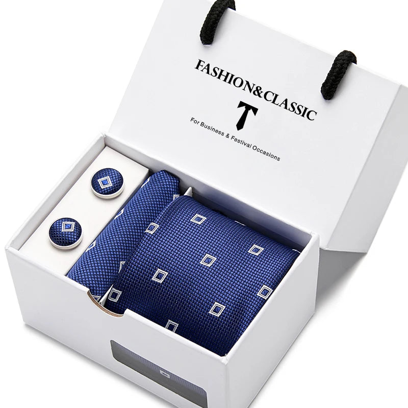 VanGise Blue Dot Tie Set with Pocket Square and Cufflinks for Men SB56