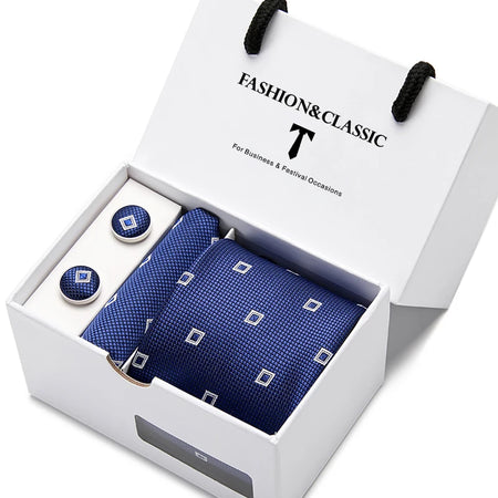 VanGise Blue Dot Tie Set with Pocket Square and Cufflinks for Men SB56