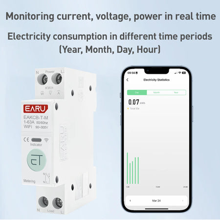 Tuya WiFi Zigbee Smart Circuit Breaker MCB 1P+N 63A with Remote Control and Energy Monitoring