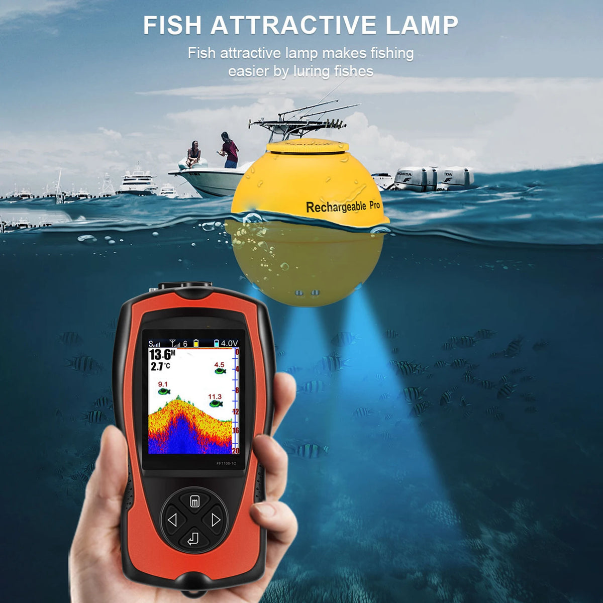 Fish Finder Instrument Portable Fish Finder Transducer Sonar Sensor LCD Screen Sounder with ...