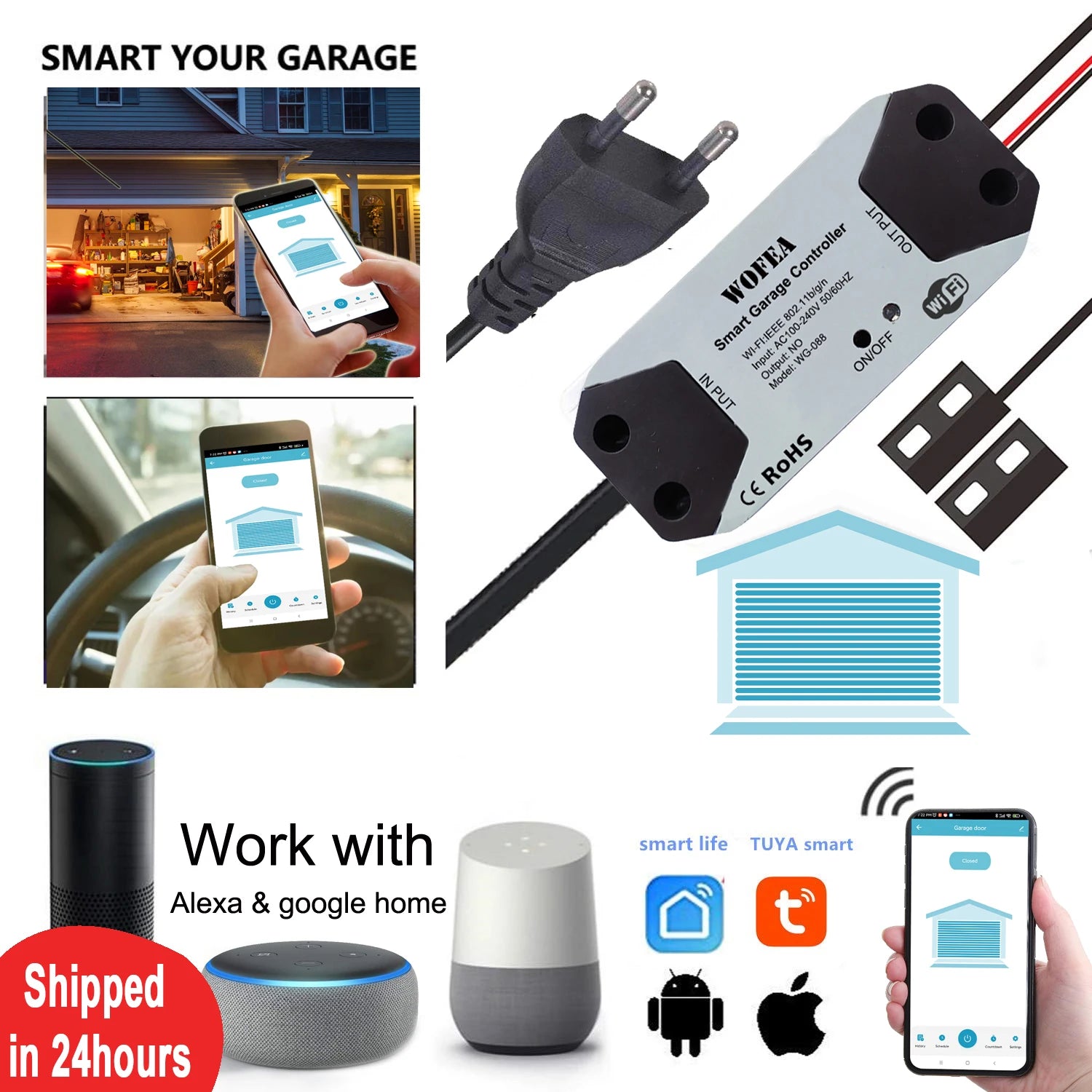 Wofea Smart WiFi Garage Door Opener Controller - Alexa &amp; Google Home Compatible UK plug
