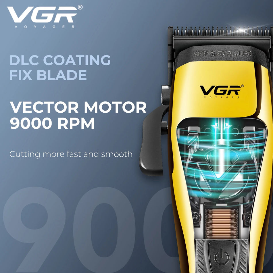 Máquina de Cabelo VGR com Motor Vector, 9000 RPM, Lâmina de Aço Carbono DLC