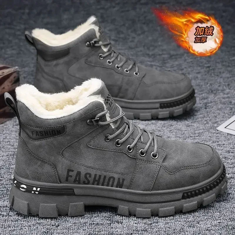 Men Snow Boots  Winter Anti Slip Plush Indoor Warm Cold Proof Snow Boots High Top Platform Lace Up Outdoor Sport Work Boots Cotton grey / 44