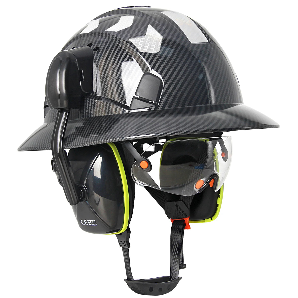 CE Full Brim Hard Hat With Goggles Earmuffs &ndash; All In One Bright Black set