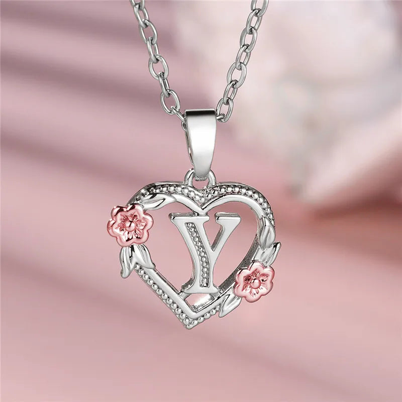 Charming Silver A-Z Letter Flower Pendant Necklace for Women Y