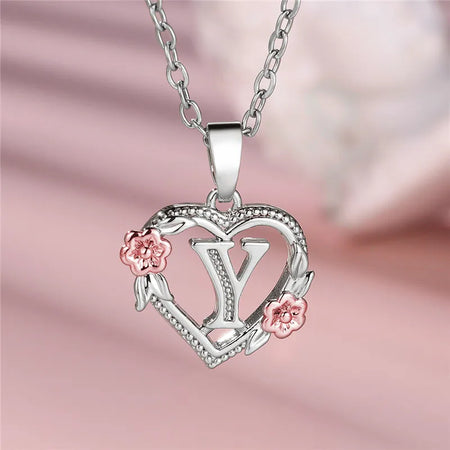 Charming Silver A-Z Letter Flower Pendant Necklace for Women Y