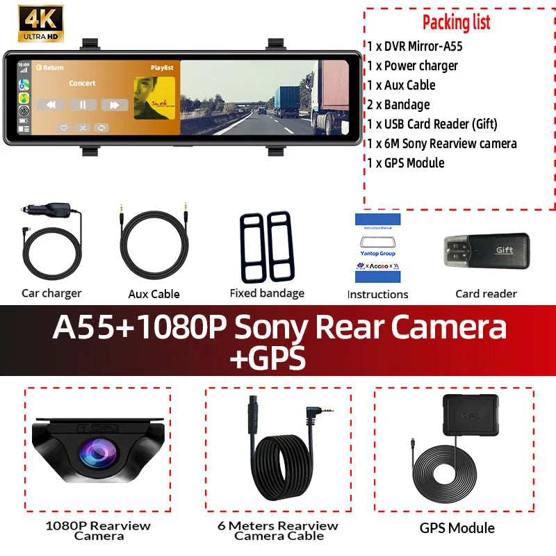 Acceo 4K Dashcam Rearview Mirror Car DVR - Wireless CarPlay A55-6M RCC-GPS / 64G