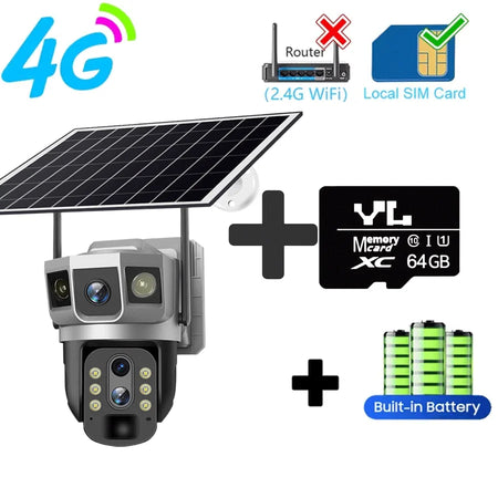 3 Lens 12MP 4G Solar CCTV Camera IP Wireless Smart Home Security Video Surveillance Solar Power Built in Battery Outdoor IP Cam 4G Cam Add 64G Card