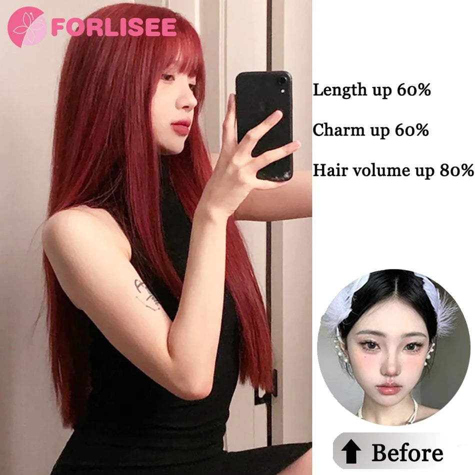Forlisee Matte Wine Red Long Straight Wig with Bangs