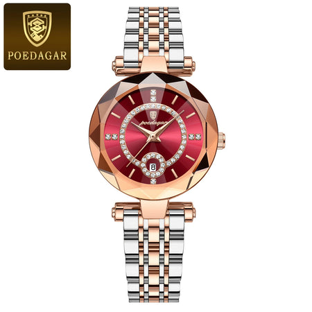 POEDAGAR Women's Luxury Diamond Quartz Watch - Waterproof Stainless Steel Gold Red