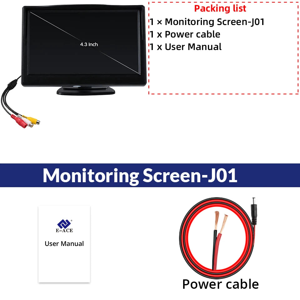 E-ACE Car Rear View Camera - 170 Degree Night Vision DVR Only 4.3Inch Display