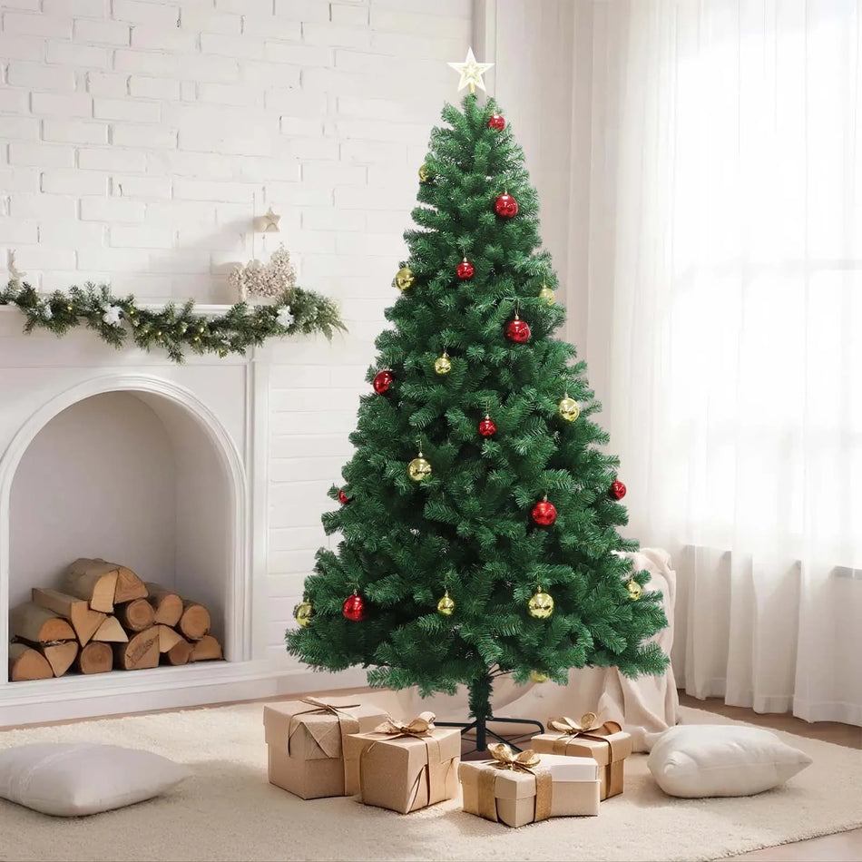 6ft/7ft Artificial Pine Christmas Tree with Remote Control, Green Holiday Tree with Metal Stand for Home Office Decor