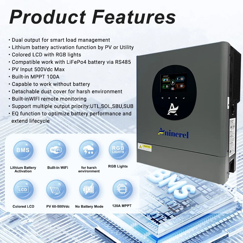 Aninerel 4.2KW 24V Hybrid Solar Inverter With Dual Output, Color LCD Display, MPPT 100A, Built-In WiFi