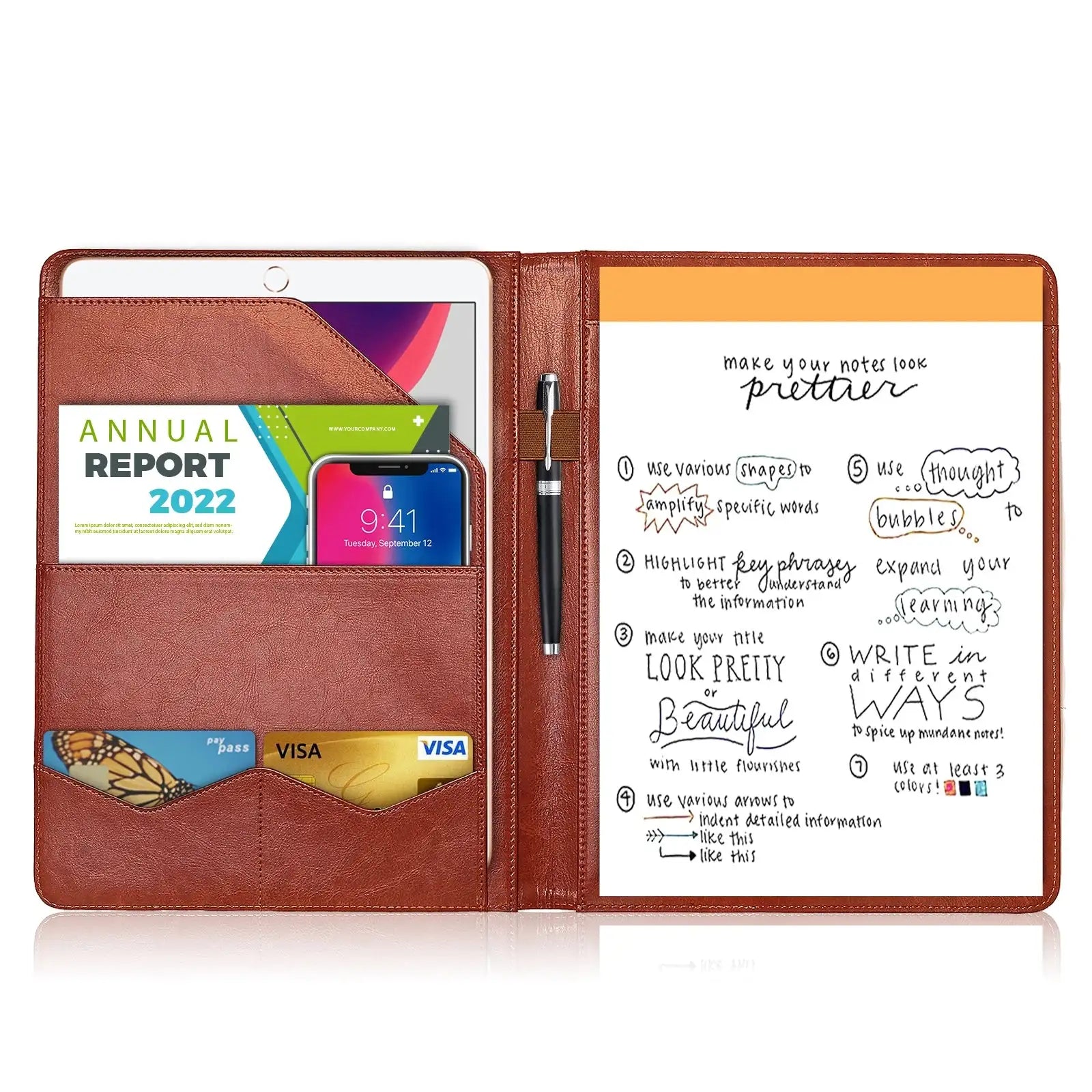 PU Leather A4 Multifunctional Conference Folder Pockets Yellow-Brown