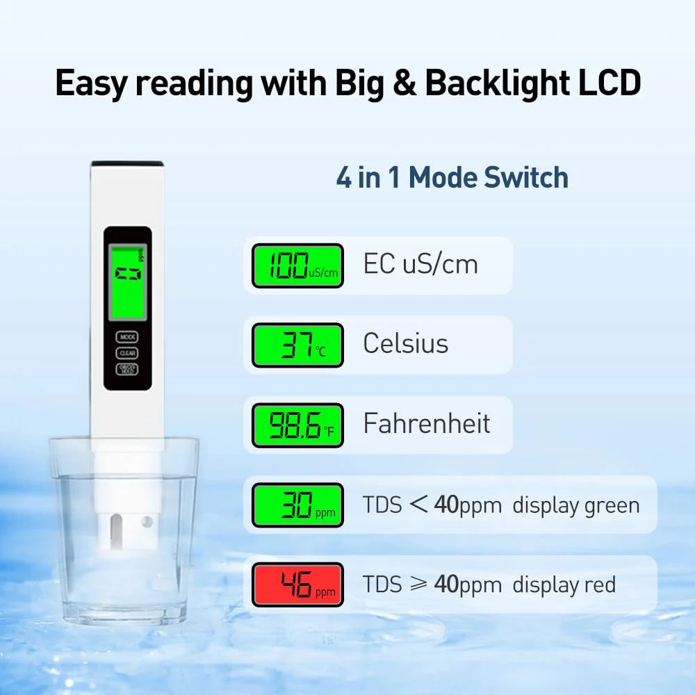 3 in 1 TDS Meter Digital Water Quality Tester for Tap, Pool, Hydroponics, and Aquarium
