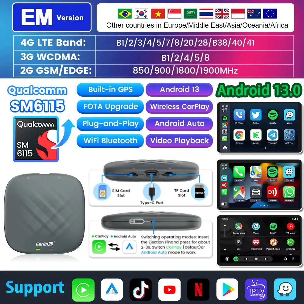 Carlinkit Wireless CarPlay Android 13 TV Box 128G SM6115 6115 Android 13 EM / 4GB 64GB