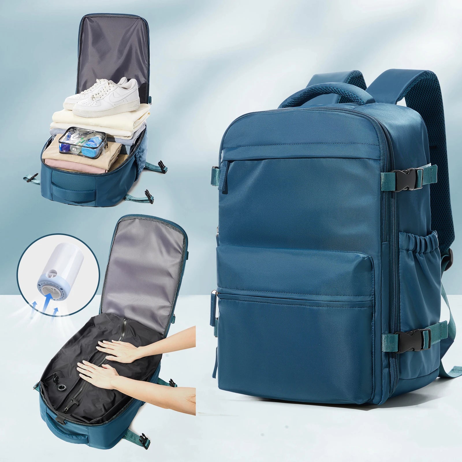 Vacuum Backpack Travel Bag &ndash; Large Capacity Expandable PeacockBlue and Pump