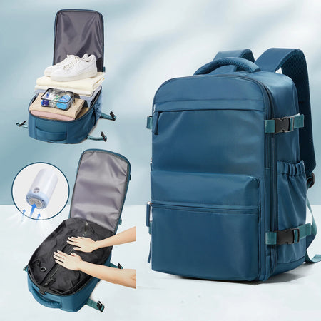 Vacuum Backpack Travel Bag &ndash; Large Capacity Expandable PeacockBlue and Pump