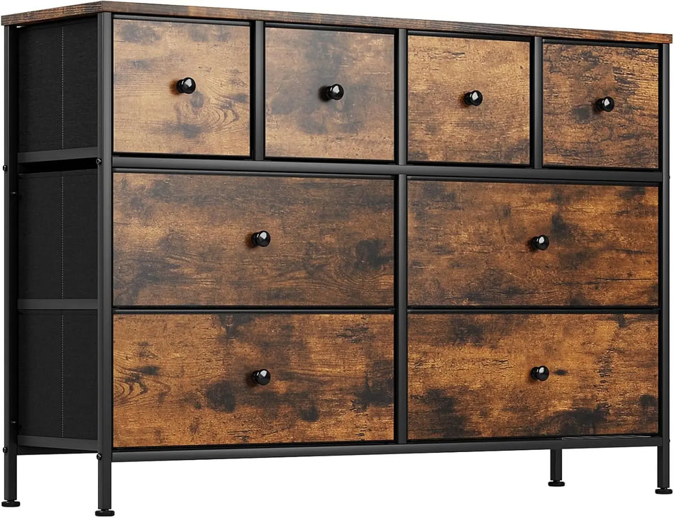 Bröstlådor med tygkorgar, metallram och träöverdel