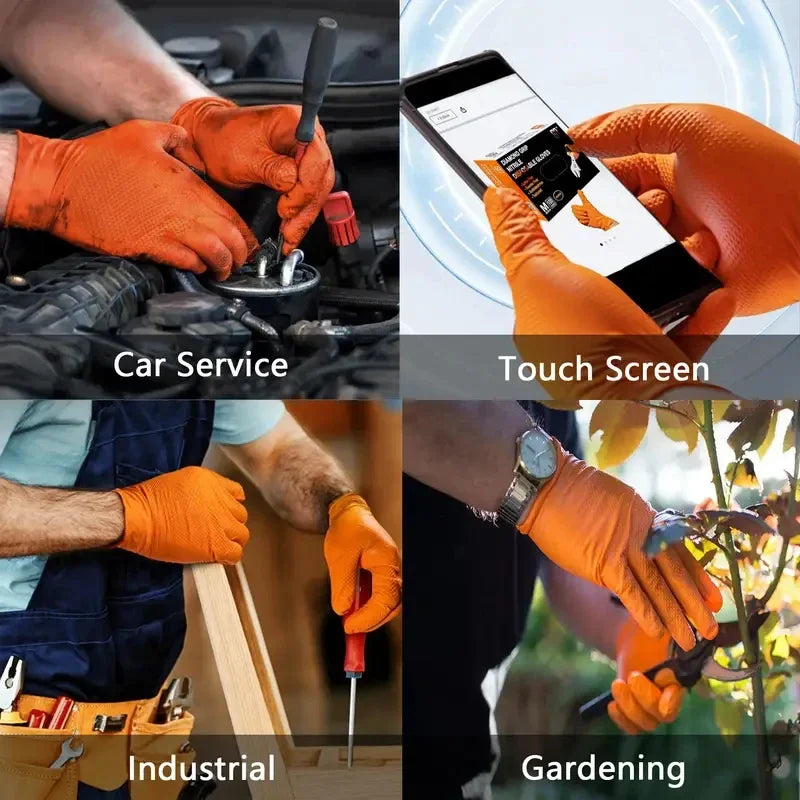 Heavy Duty Orange Nitrile Gloves 8Mil &ndash; Diamond Textured Grip for Mechanic Safety