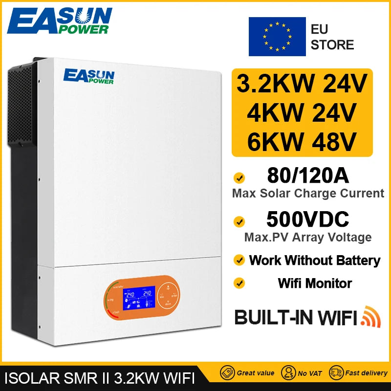 Şebekeden Bağımsız Hibrit İnvertör 6kW 48V veya 4kW 24V, Saf Sinüs, MPPT 80A ila 120A, 230V, WiFi
