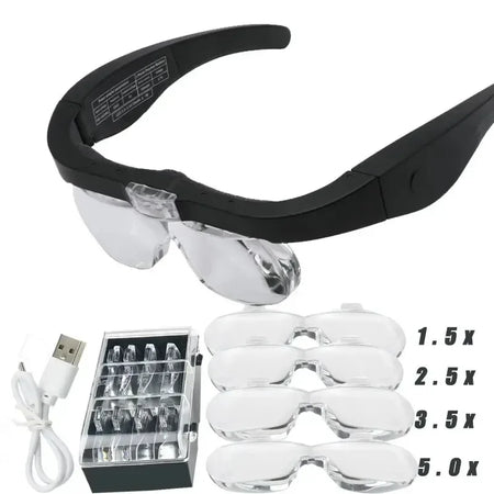 Head Mounted Magnifying Glasses With LED Light - USB Power black
