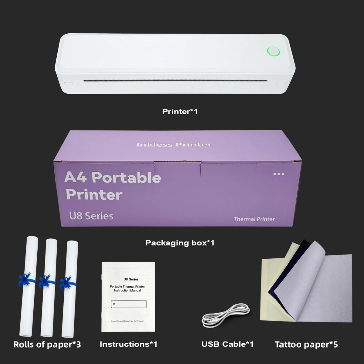 Hztz Portable Bluetooth Thermal Printer &ndash; Tattoo Printing U8 3 roll paper