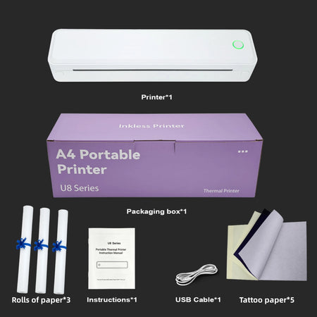 Hztz Portable Bluetooth Thermal Printer &ndash; Tattoo Printing U8 3 roll paper