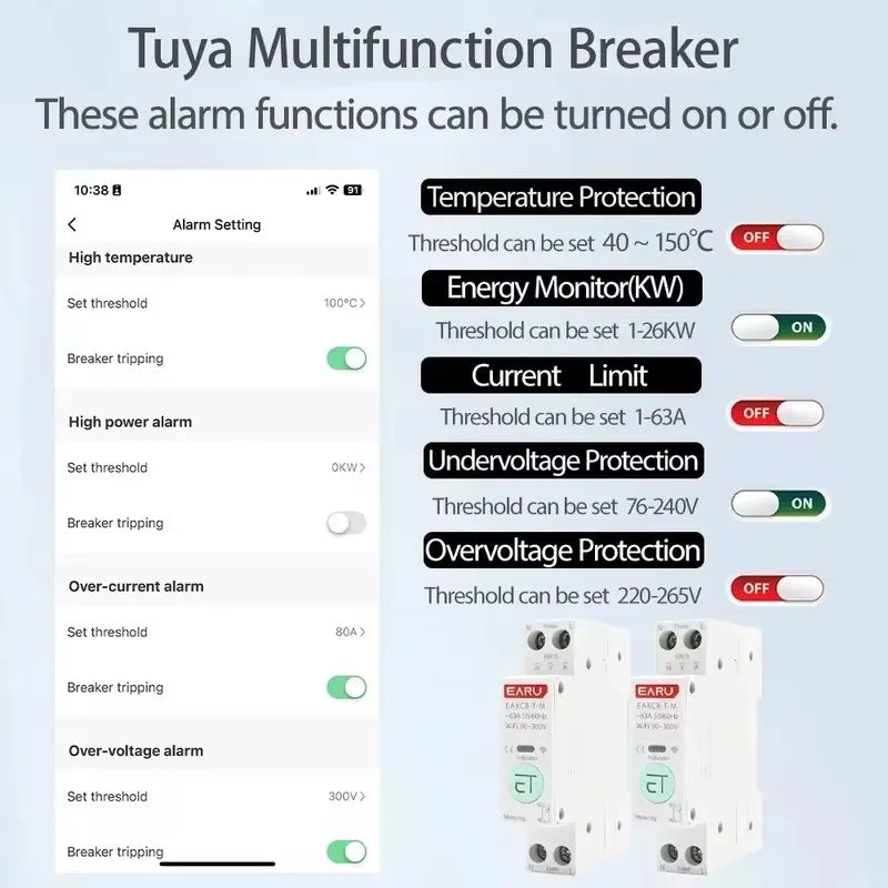 Tuya eWeLink 63A WiFi Smart Circuit Breaker with Remote Control and Energy Monitoring