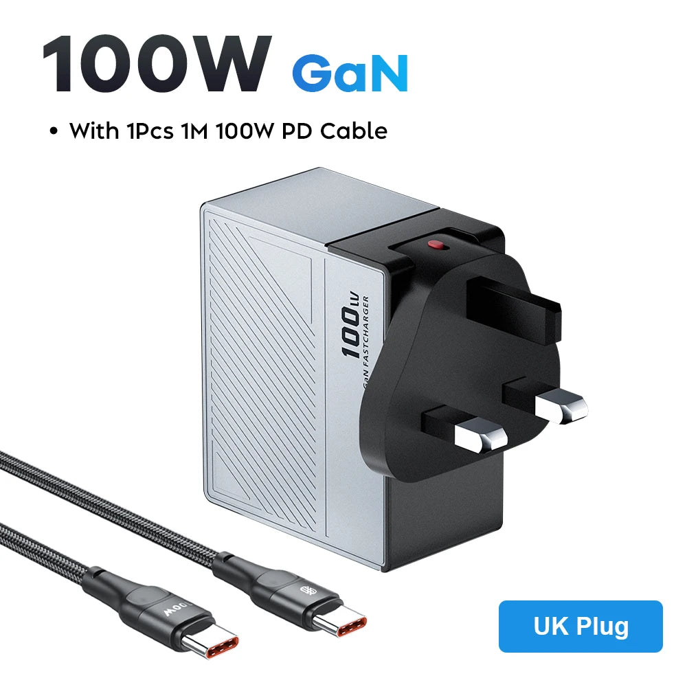 GaN USB Charger 100W &ndash; Ultra-Fast Charging for Multiple Devices UK Plug With Cable