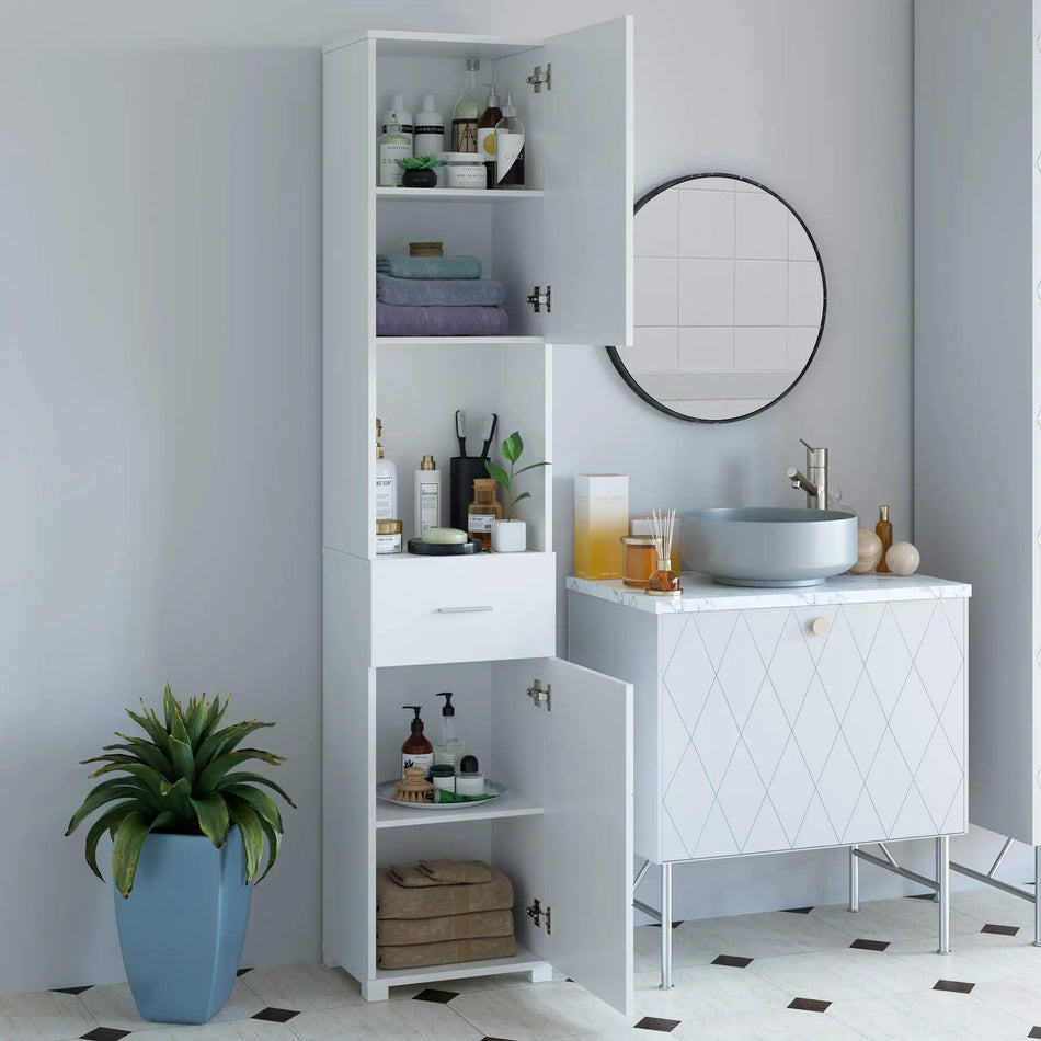 Getone White Tall Bathroom Cabinet With Drawer And Doors