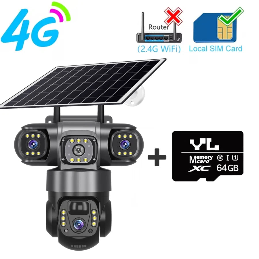 V380PRO 3 Lens 4G Solar Camera 15MP 360 Outdoor Waterproof WIFI CCTV Night Vision Two-Way Audio Camera Mobile Tracking IP Camera 4G Camera 64G Card