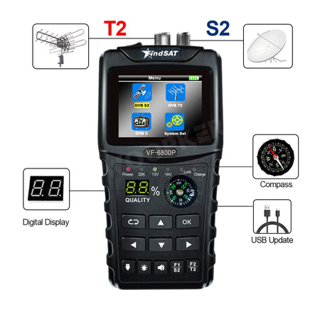 Woopker VF-6800P HD Digital Satellite Finder Combo Support DVB-T2/DVB S2/DVB C Sat Finder Meter TV Receiver Dvbt2 Tuner