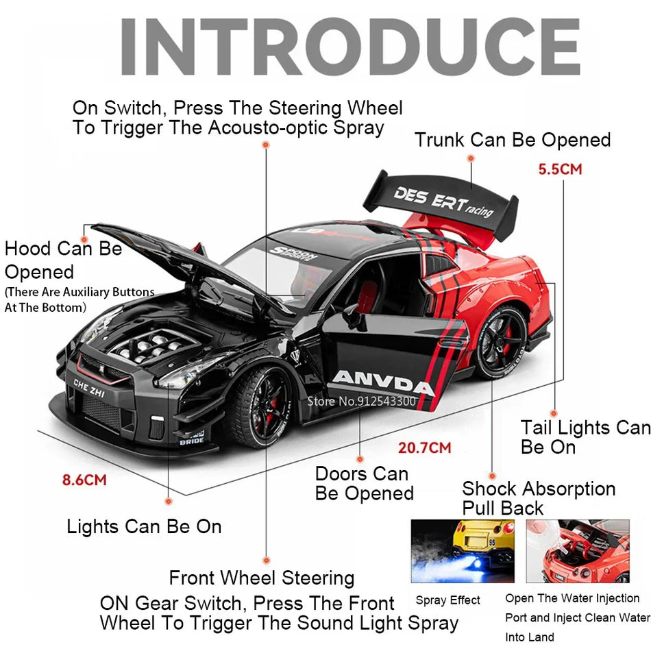 Mașină GTR R34 din metal turnat la scară 1:24 cu sunet, retragere, uși deschise, lumină