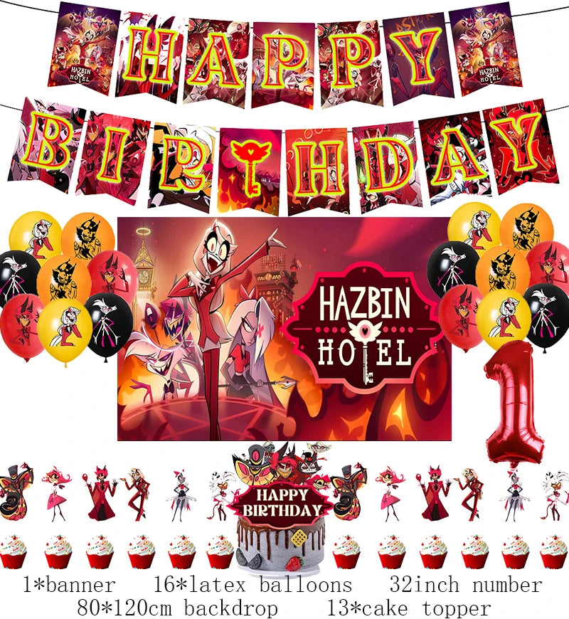 Hazbined Birthday Party Decoration Set with Balloons, Banner, and Cake Topper 1set D1 / Other / CHINA