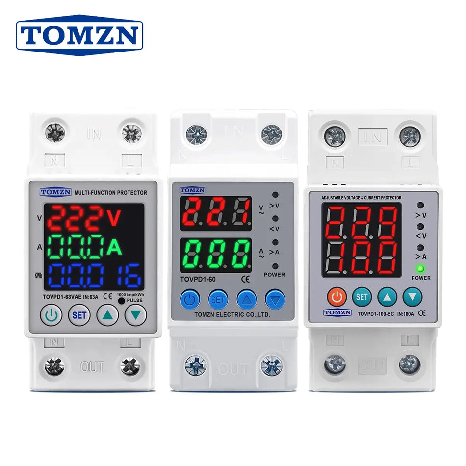 TOMZN Din Rail Dual Display Adjustable Over Under Voltage Current Protective Device Protector Relay 40A 63A 80A 100A 220V 230V by InterCyprus Trading Ltd