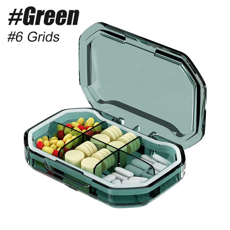 Compartment Small Pill Box &ndash; Compact and Moisture Proof Travel Organizer Green-6 Grids