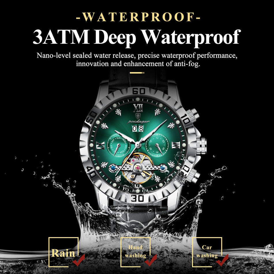 Luxe Mechanisch Herenhorloge Met Leren Band Tourbillon Automatisch POEDAGAR