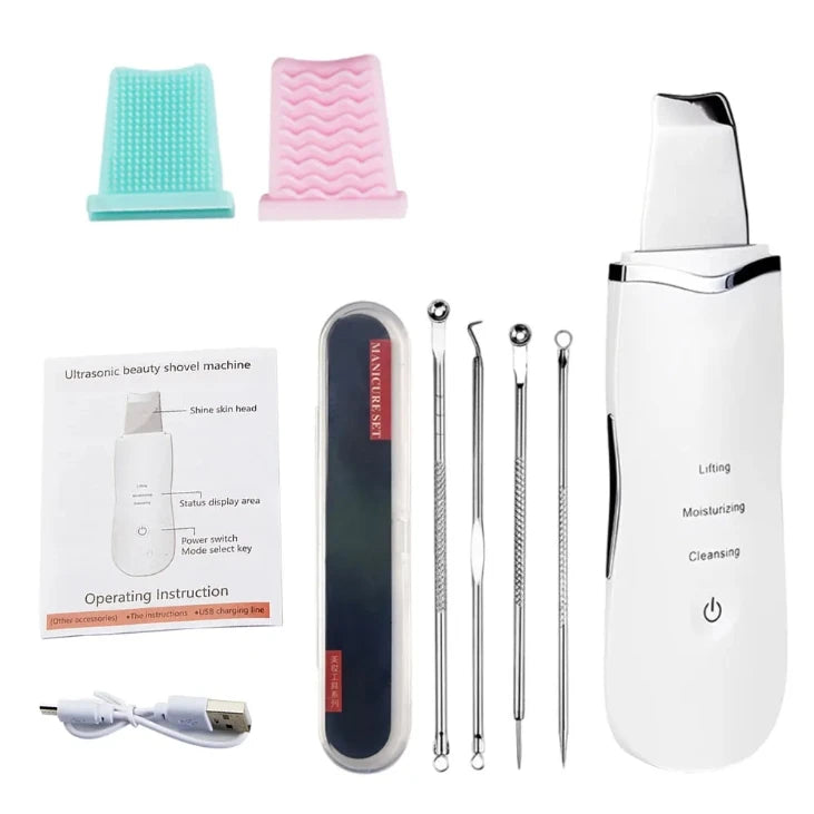 Electric Ultrasonic Skin Scrubber - Blackhead Remover &amp; Facial Lifting Tool White kit add gift