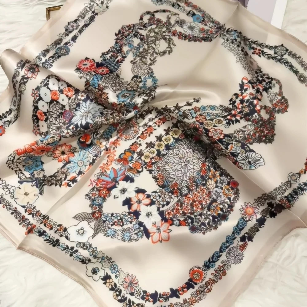 Green Women 100% Mulberry Silk Scarf &ndash; Elegant Floral Design for Versatile Styling beige floral