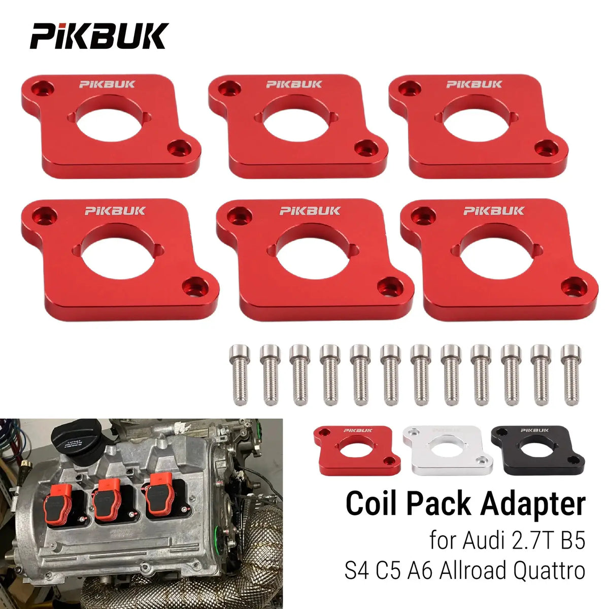 PIKBUK 6 Pcs R8 - 2.0T Ignition Coil Adapter Kit For Audi B5 S4 and C5 A6 - Allroad 2.7T Aluminum by InterCyprus Trading Ltd