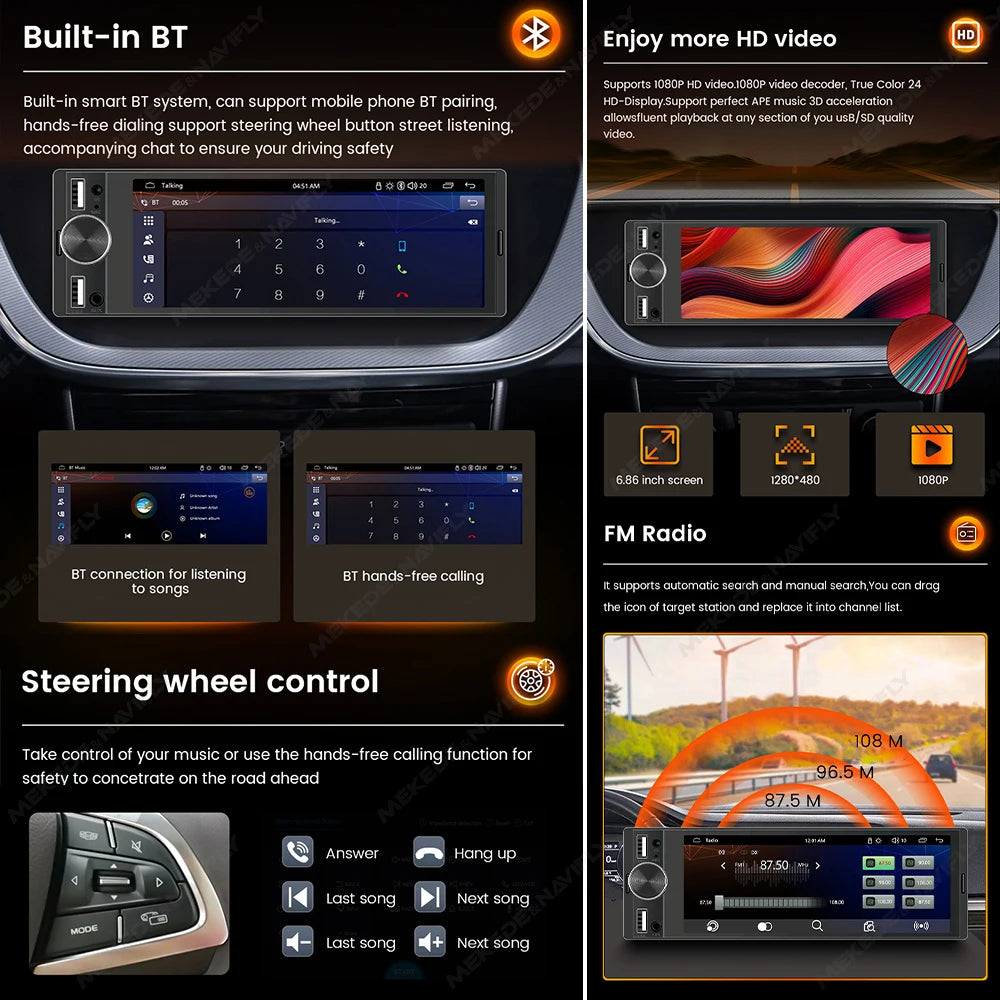 MEKEDE 6.86" 1Din Carplay Android Auto Radio with BT, USB, and FM Stereo