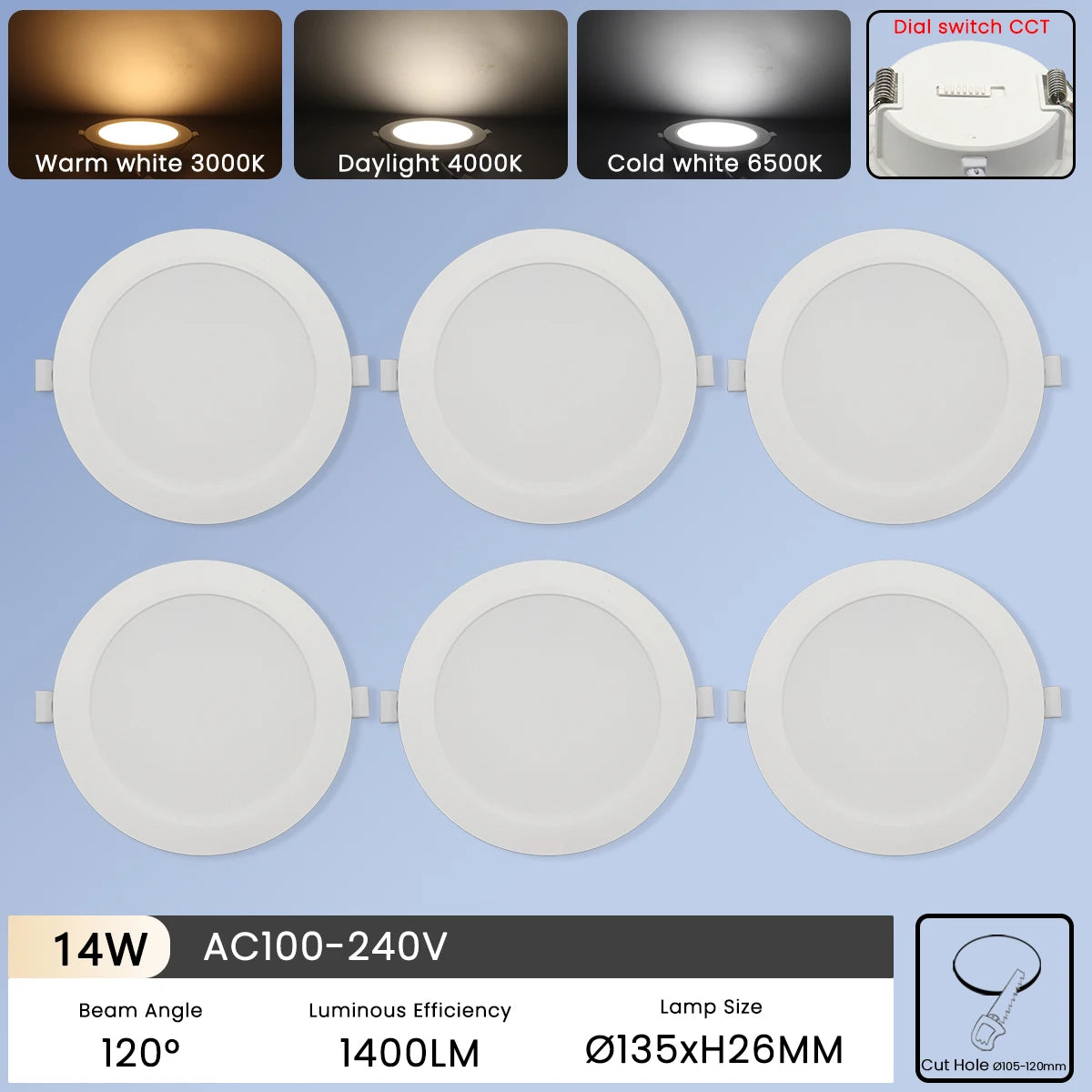 6Pcs Color Adjusted LED Downlight - CCT Dial Switchable 14W / AC100-240V / 6pcs