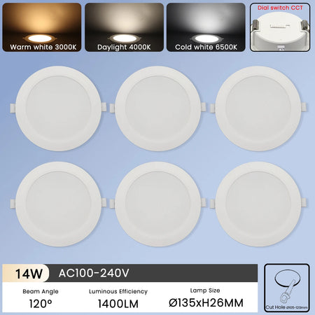 6Pcs Color Adjusted LED Downlight - CCT Dial Switchable 14W / AC100-240V / 6pcs