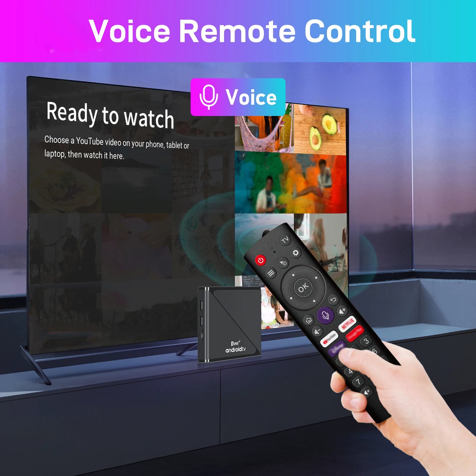 MYSTB 2.4G&amp;5G Dual WiFi Android 14 Quad Core TV Box with Voice Remote Control