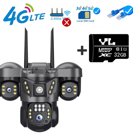 V380 Pro 4G IP Camera 15MP Triple Lenses Triple Screens Human Detection  Video Monitor Outdoor Waterproof Security CCTV Camera 4G Cam Add 32G Card / AU Plug