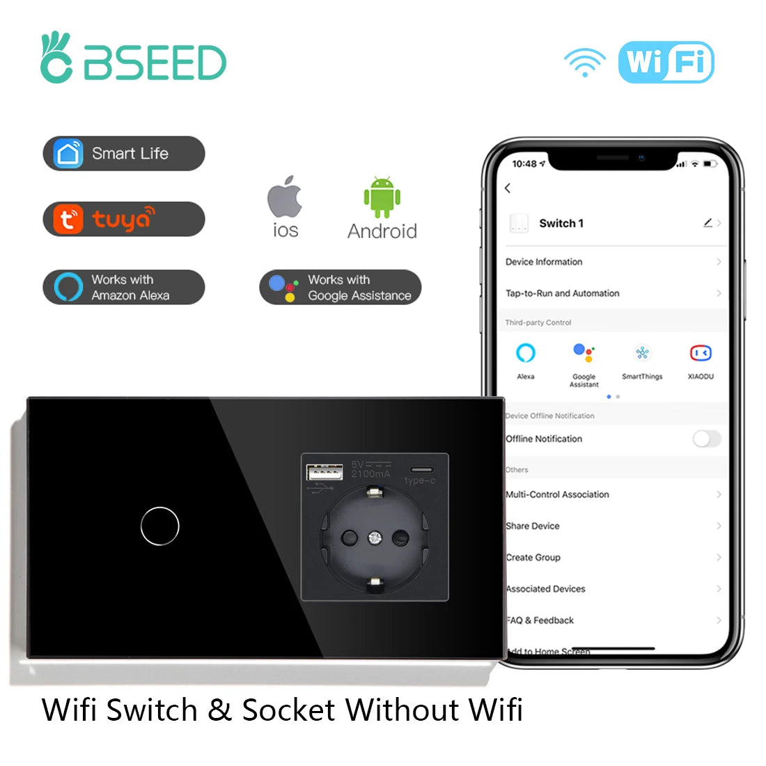 BSEED Smart Touch WiFi Light Switch with USB Type-C Ports 1Gang Type-C Socekt / EU standard