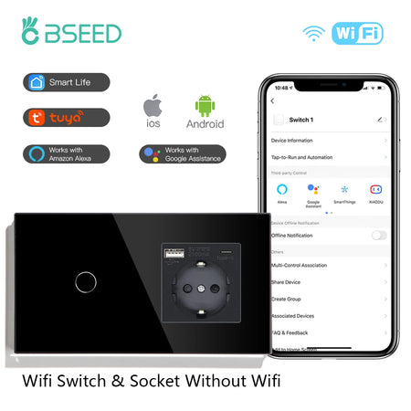 BSEED Smart Touch WiFi Light Switch with USB Type-C Ports 1Gang Type-C Socekt / EU standard