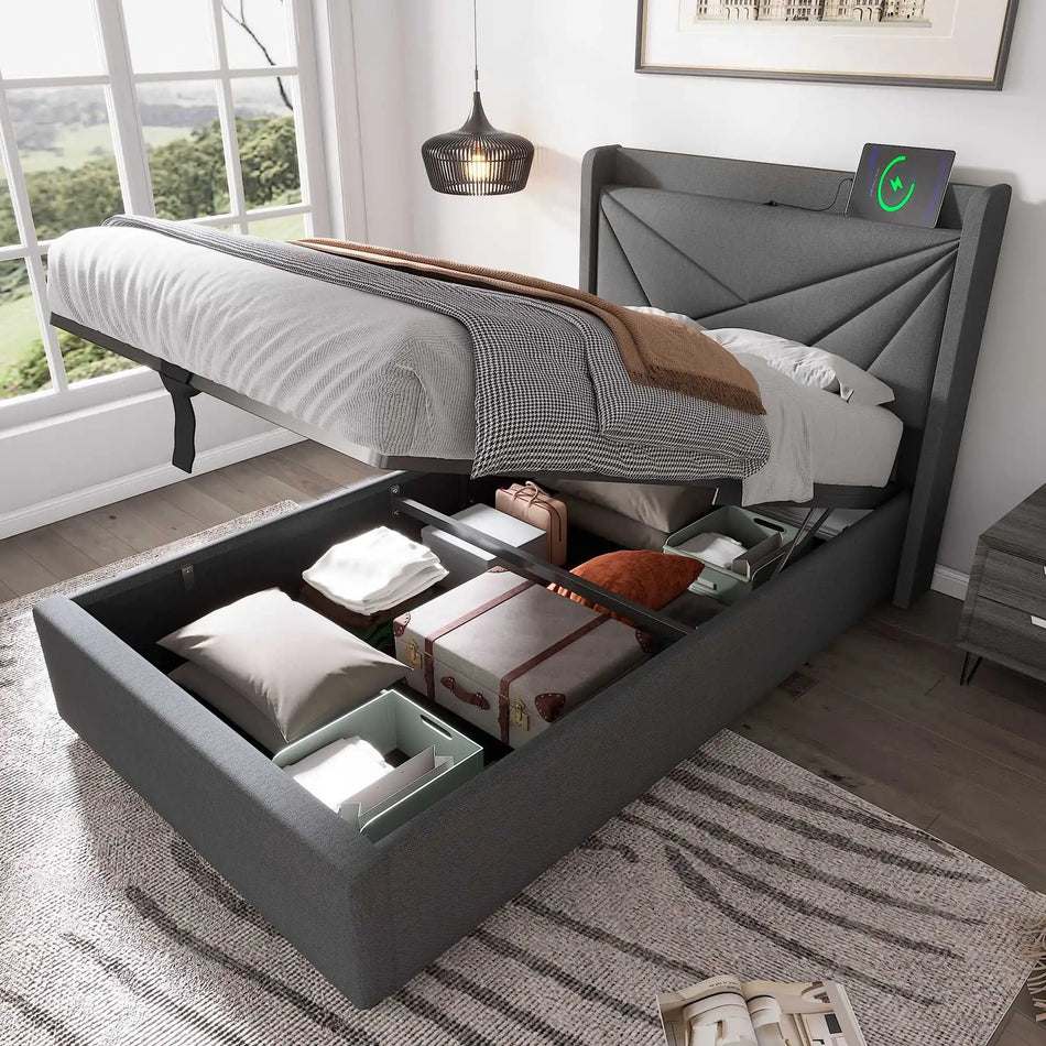 Łóżko pojedyncze z miejscem do przechowywania i ładowarką USB C lniane 90x200